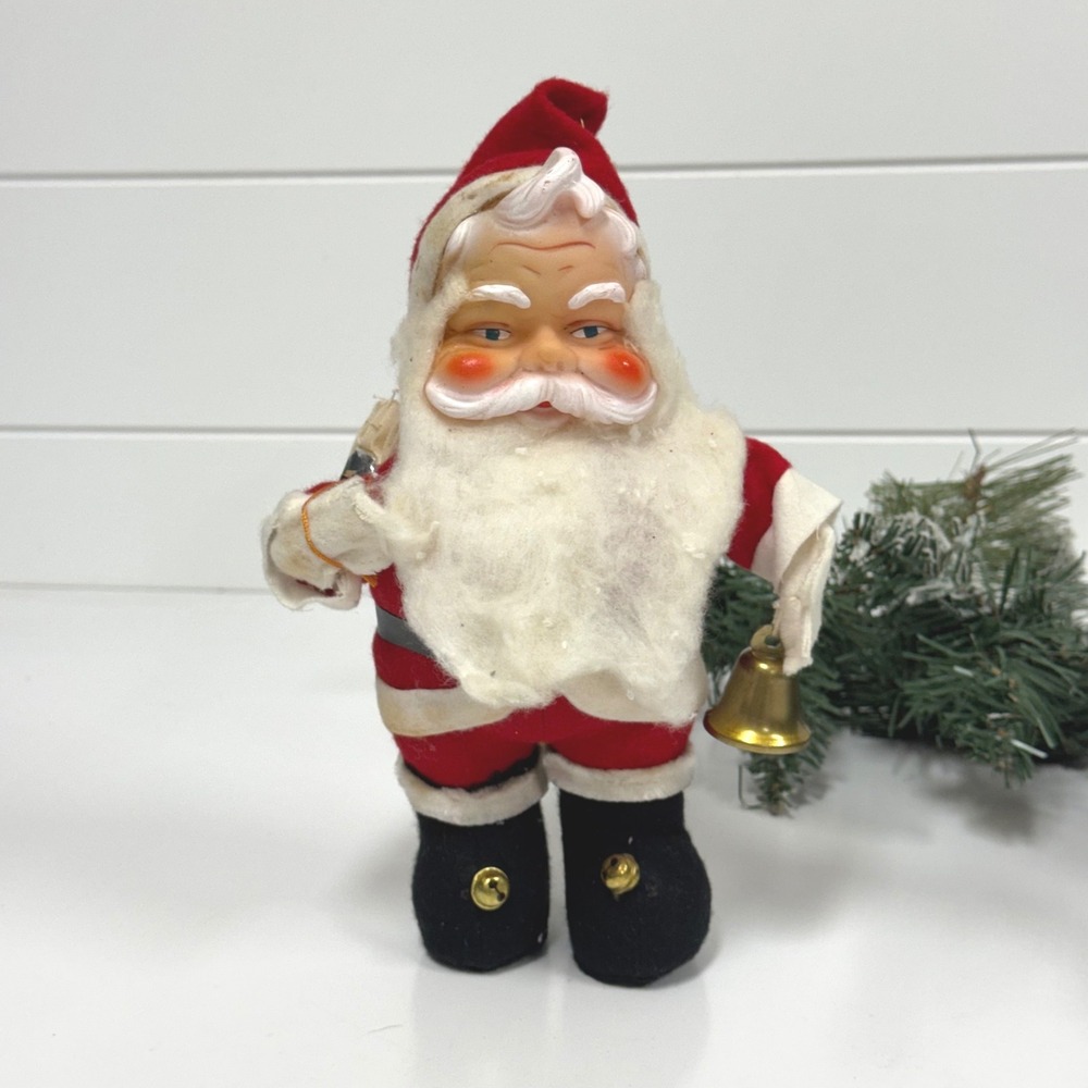 Vintage Rubber Face Santa Claus Figurine Plush Body with Bell and Toy Sack Japan